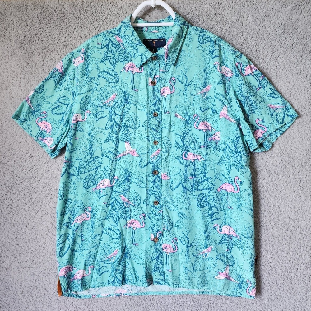Margaritaville Button Down Shirt Mens Size S Teal Pink Flamingo Tropical Rayon